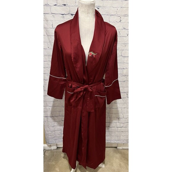 Bed To Brunch Other - Bed To Brunch Maroon Satin Long Robe Embroidered Rose Size XS